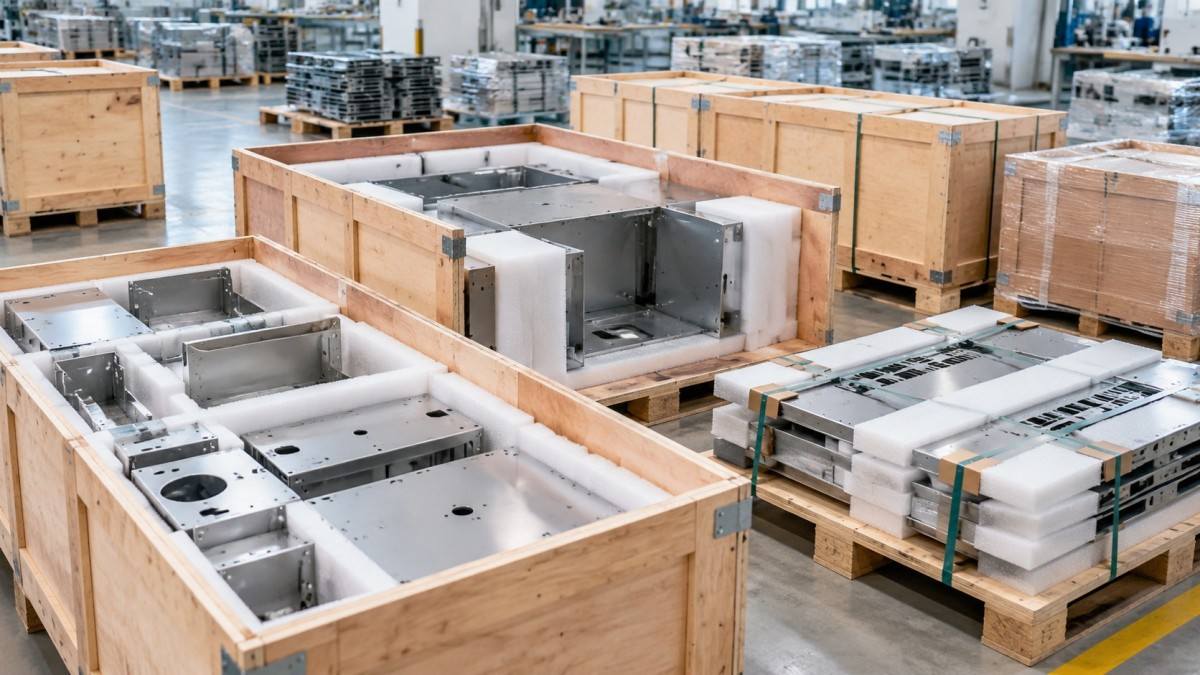 Safe and secure packaging for sheet metal parts, showing custom wooden crates or foam-lined pallets ready for export